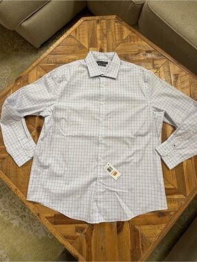 Tommy Hilfiger White Dress Shirt with Blue and Gray Windowpane Plaid